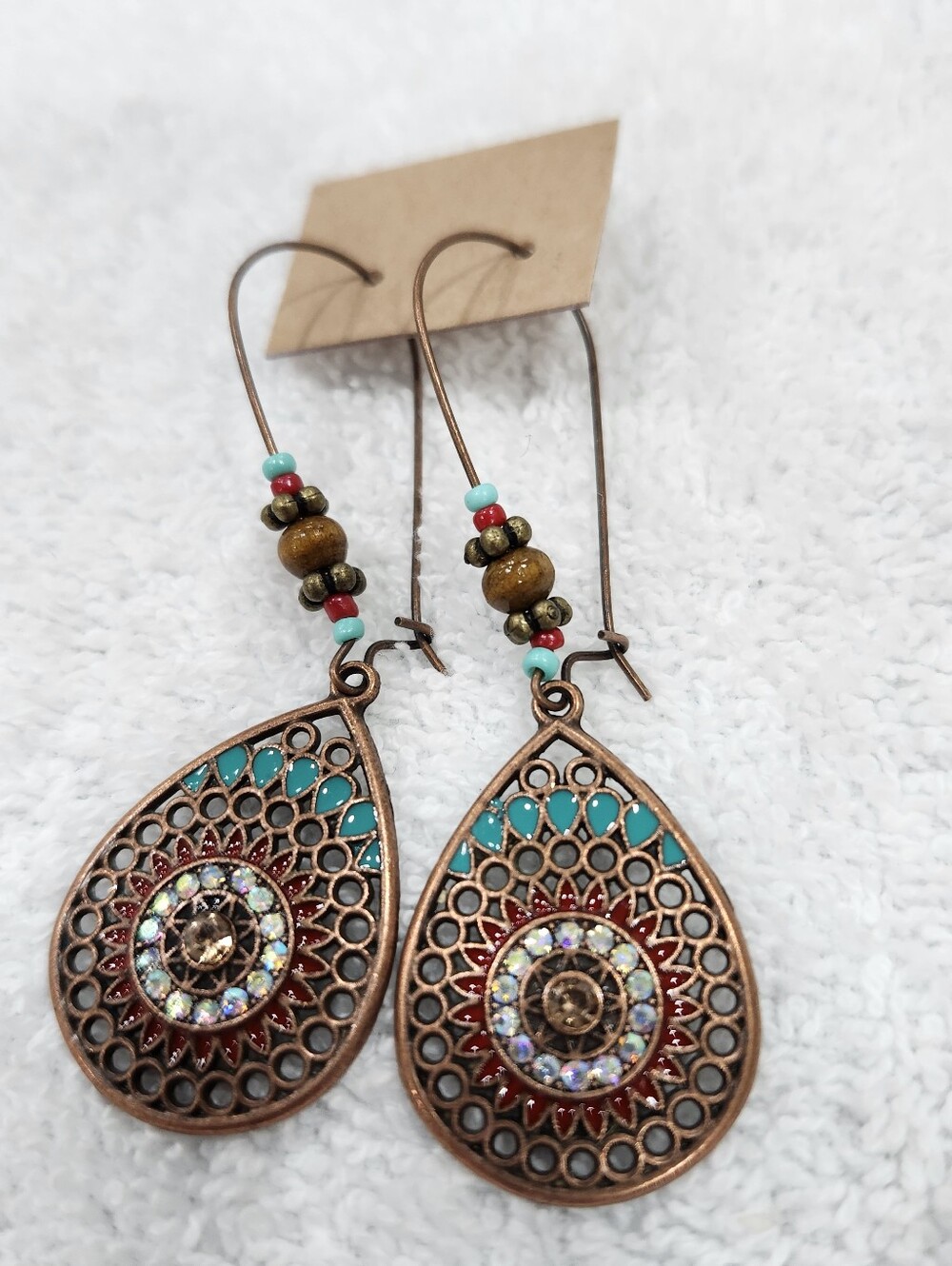 Bohemian Turquoise & Red Filigree Teardrop Earrings